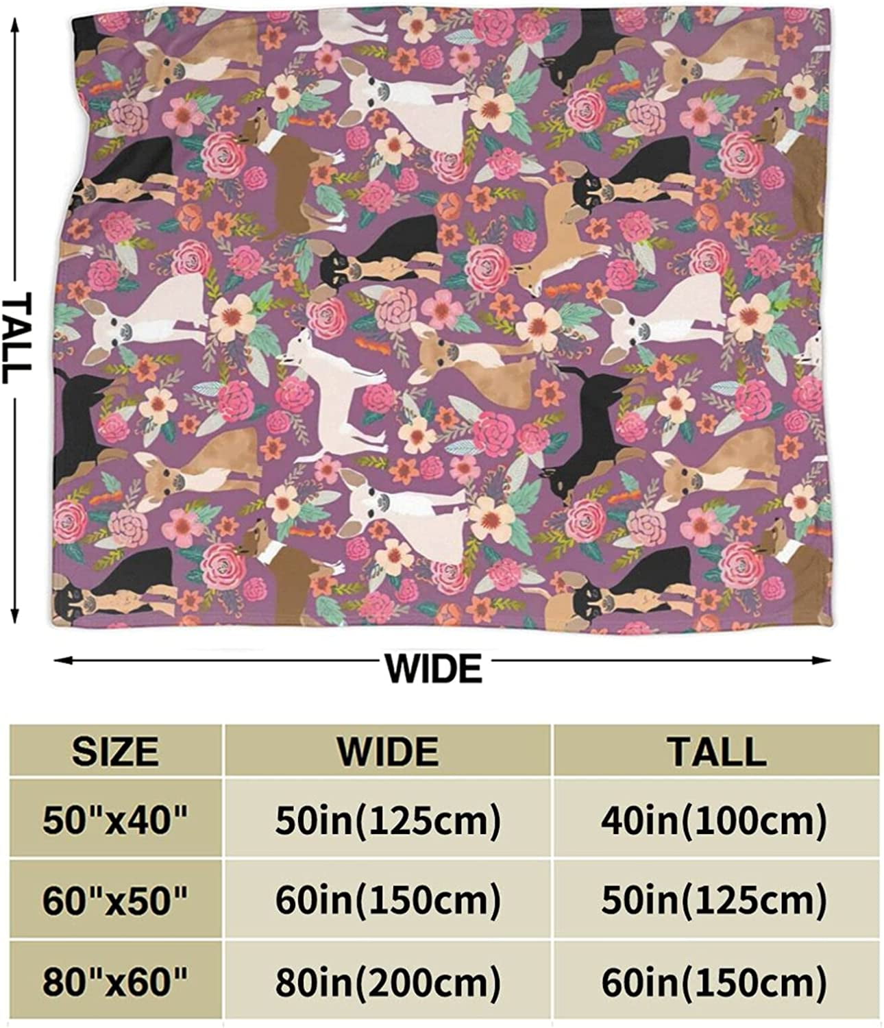 Newhomestyle 3D Flannel Plush Throw Blanket, 80"x60" Chihuahua Dog Breed Floral Pet Gifts Perfect Present Pattern, Super Cozy Air Conditioning Blanket