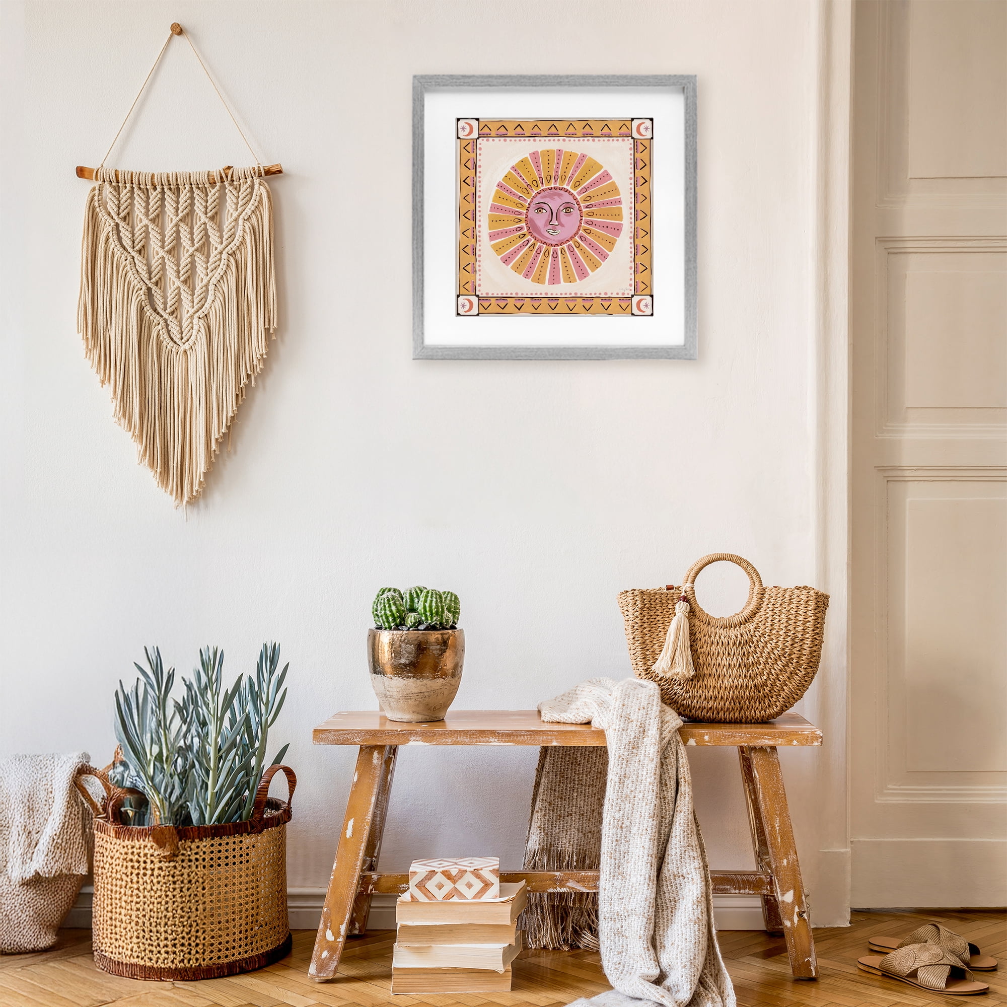 Stupell Industries Pink Sun Face with Geometric Border Gray Framed Print Under Glass, design by Two If By Sea Studios