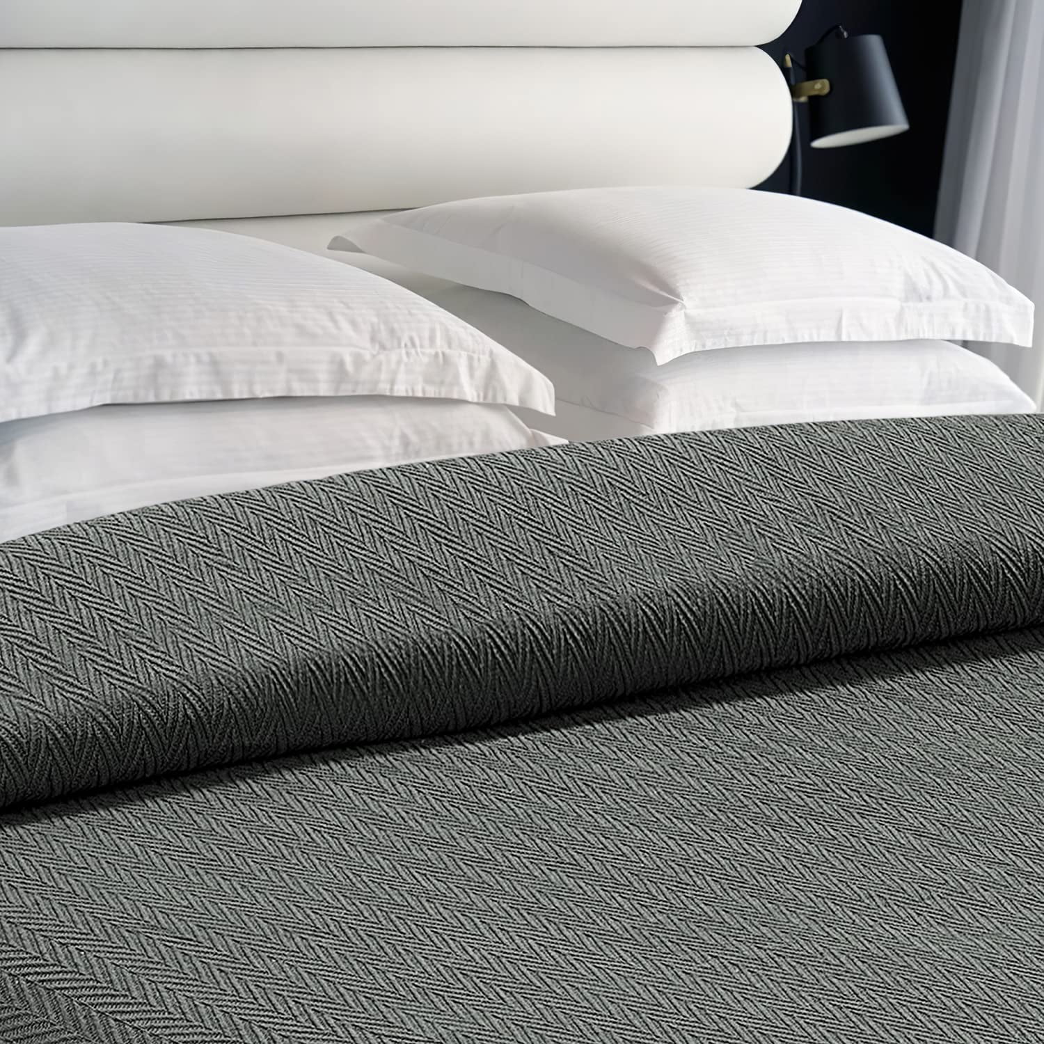 White Classic Luxury Thermal Blankets, Waffle Blanket Wave Design, Lightweight Blanket, Dark Gray Cotton Thermal Blanket Queen Size, Breathable Blanket Queen, Dark Grey