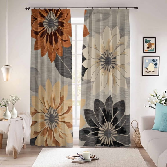 Burnt Orange Grey Black Flower Blackout Curtains for Bedroom/Living Room, Pinch Pleated Black Out Curtains, Spring Floral Botanical Room Darkening Window Drapes with Hooks 2 Panels, 59"x70"