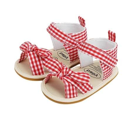 

Sandals For Girls Open Toe Plaid Striped Bowknot First Walkers Summer Flat Sandals Red Size 13