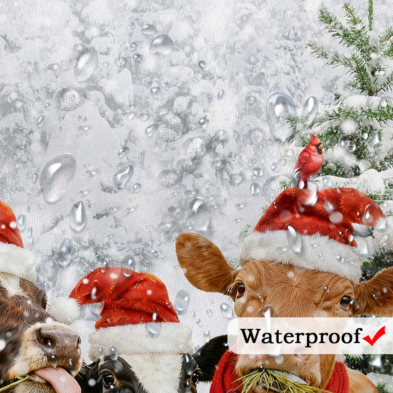 Winter Christmas Shower Curtain Set, Natural Winter Forest Snowflake Christmas Shower Curtain for Bathroom, Funny Cute Cows Christmas Bathroom Decor Waterproof Fabric Bathtub Sets with Hooks,70X70IN