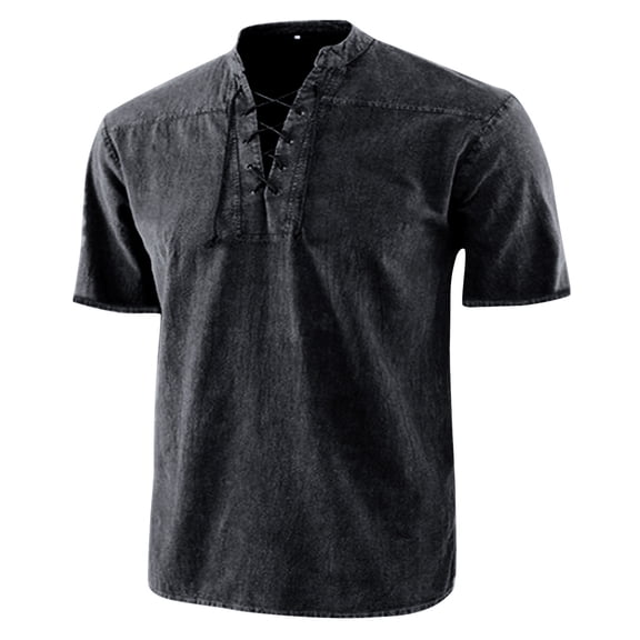 Men's Henley V Neck Short Sleeve T-Shirts Lace Up Band Collar Casual Summer Shirts Fashion Viking Medieval Renaissance Style Hippie Beach Tops Lightweight Breathable Fashion Streetwear