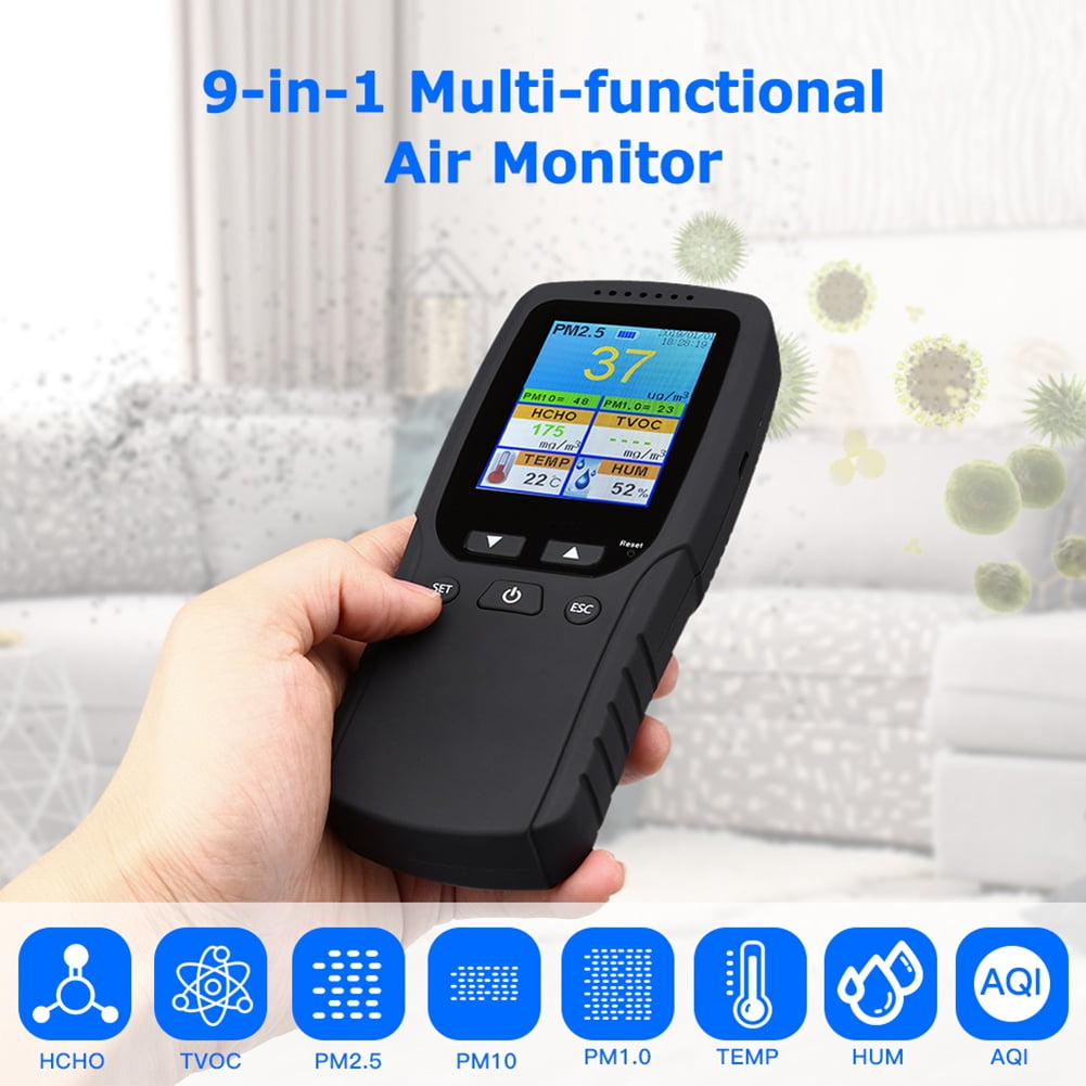 9 in 1 Air Quality Monitor Indoor Outdoor PM2.5, PM1.0, PM10, HCHO, Detector Tester Temperature and Humidity Sensor