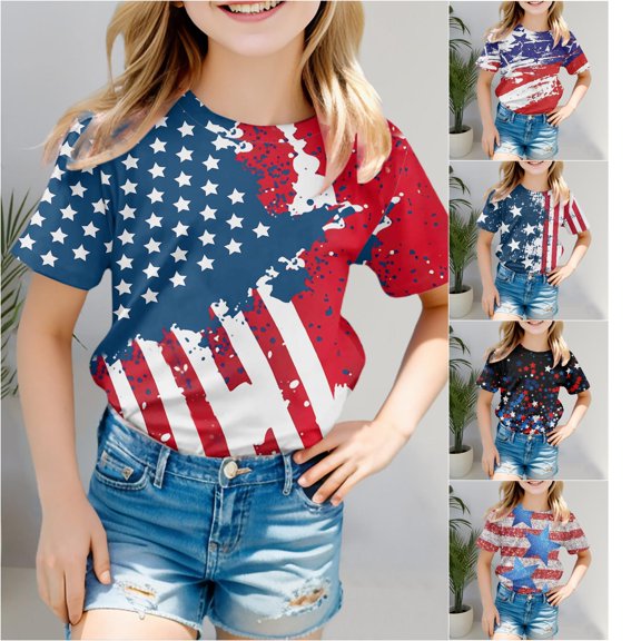 VOUZZA Girls T-Shirt Independence Day 4th of July USA Graphic Print Short Sleeve Crewneck Top Kids Patriotic Casual Tees, Size 3T-12 Years