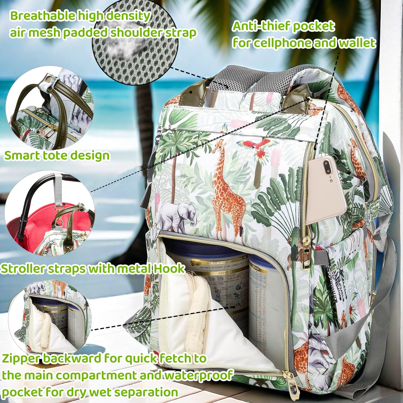 Tropical Rainforest Diaper Bag Backpack,Animal Nappy Backpack with Coin Bag USB Charging Port Stroller Straps and Insulated Pocket For Women/Mom/Travel (Animal Pattern)