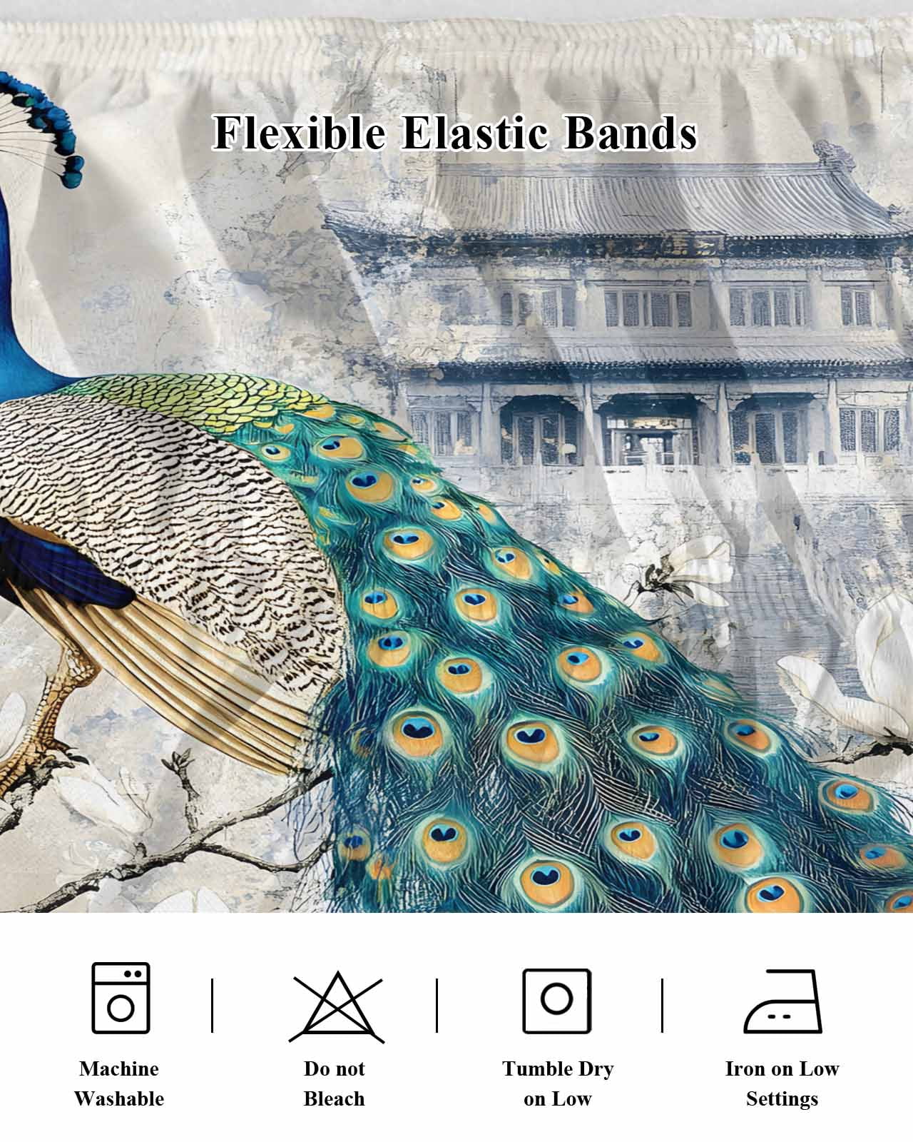 Elegant Peacock Wrap Around Bed Skirts for Queen Bed 16" Drop,Bed Skirt with Adjustable Elastic Belt Dust Ruffle Bed Valance for Bedroom Hotel Vintage Attic Magnificent Feathers Bed Frame Cover