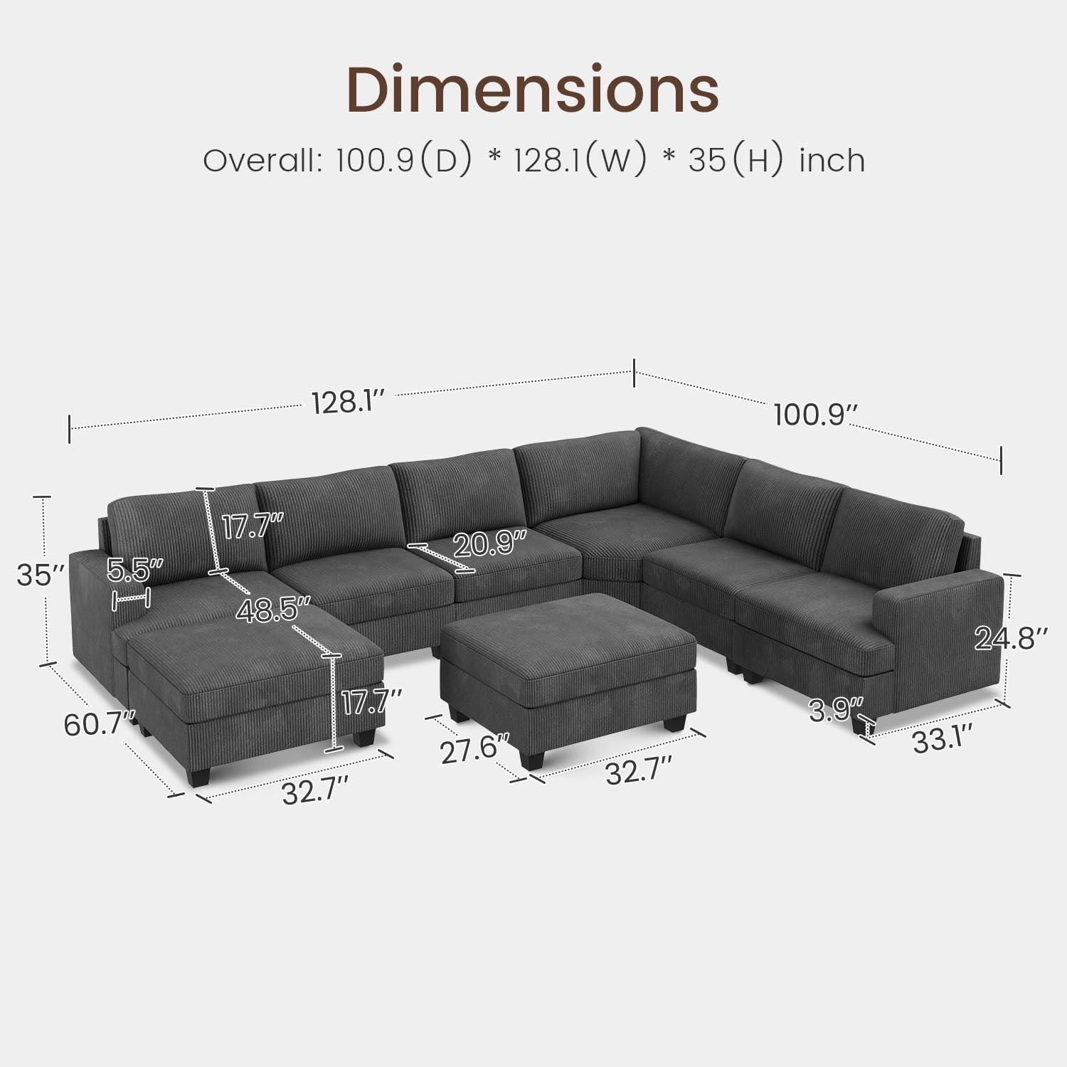 HONBAY 128.1" U Shape Sectional Sleeper Sofa Bed Corduroy Oversized Couch with Storage for Living Room, Dark Gray