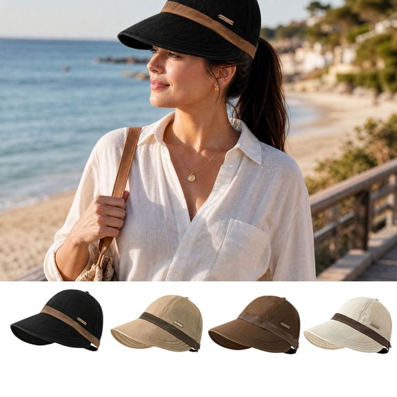 Women Two-Tone Baseball Cap Long Bill Sun Hat Breathable Wide Brim Cap with Decor Strap for Women Hiking Fishing Outdoor Activities