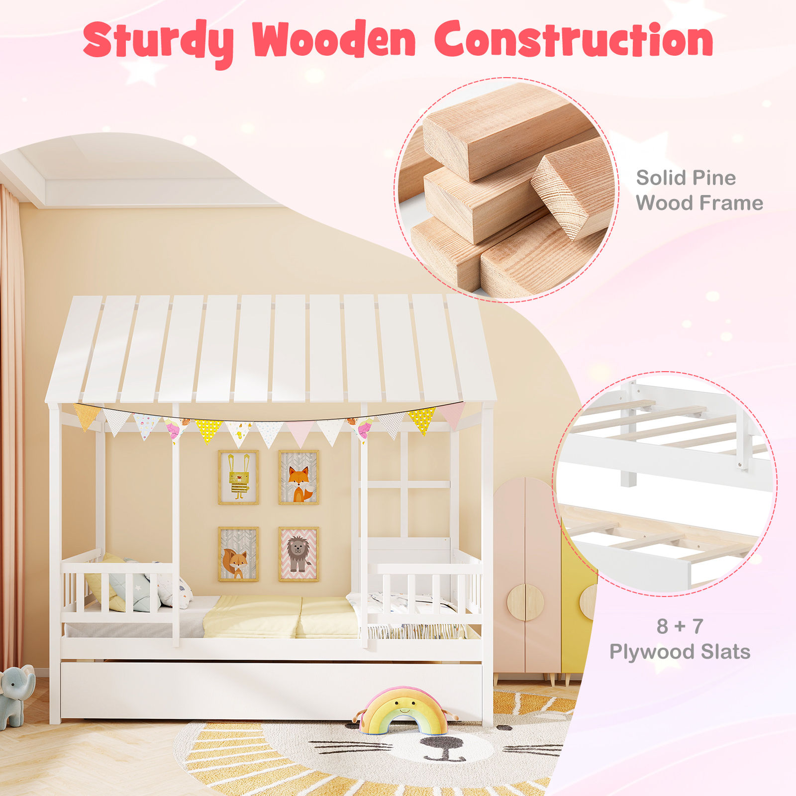 Gymax Twin Size House Bed w/ Trundle Roof Window & Safety Guardrails Slats Support
