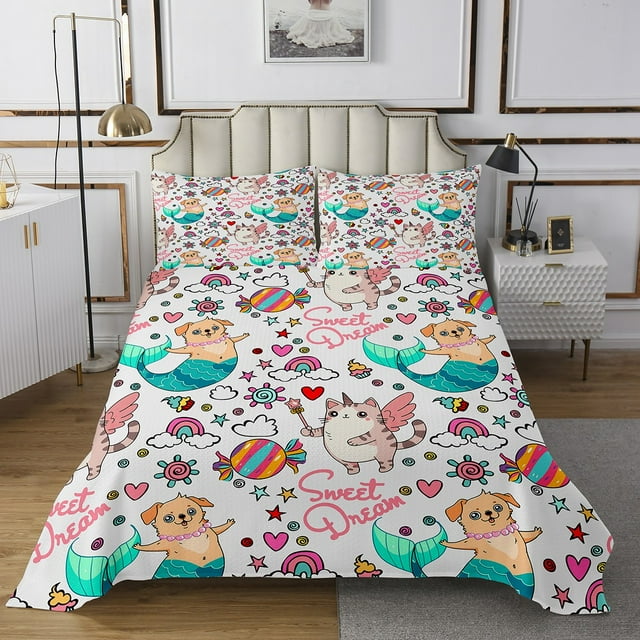 YST Unicorn Quilt Set Queen Mermaid Bedspread Set For Kids Girls Cat Dog Rainbow Candy Sweet Coverlet Set Pug Animal Heart Pattern Blue Pink Bed Set