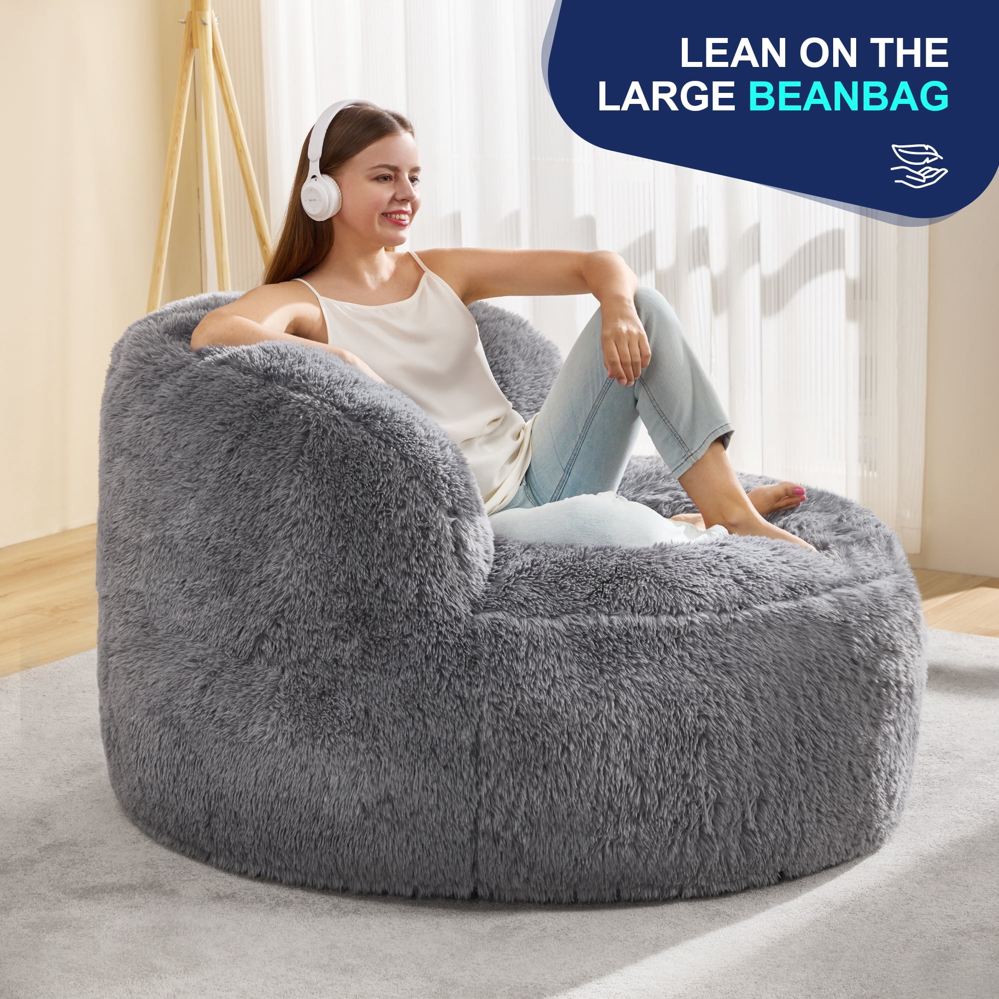 Hobestluk Bean Bag Chair Big Bean Bag Chairs for Adults Giant Adult Bean Bag Chair with Foam Filler Large Beanbags with Stuffed Back Lazy Sofa, Grey -Standard