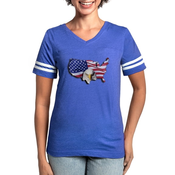 CafePress - Bald Eagle Over American Flag T Shirt - Womens Football Shirt
