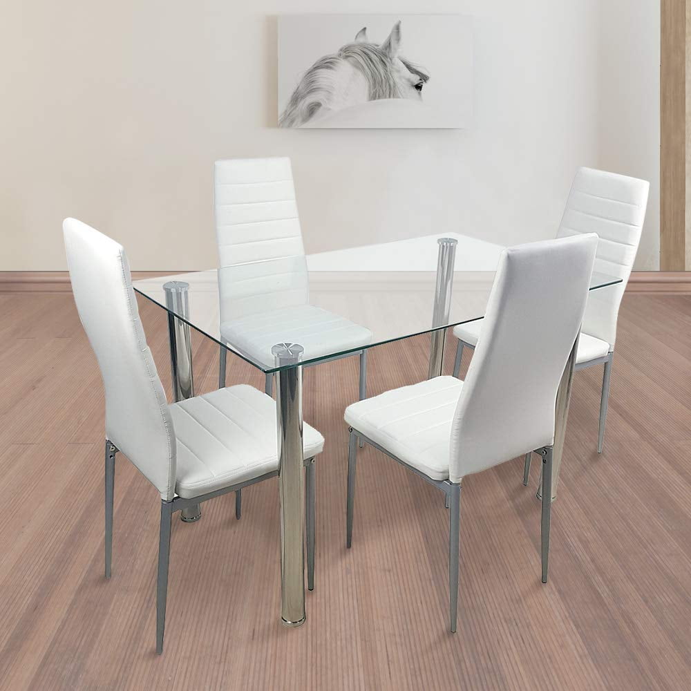 GIZZA Rectangular Glass Dining Table and 4 Chairs Set Clear Tempered