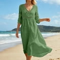 thumbnail image 5 of Bysome Women Dress Solid Color 3/4 Sleeve V-Neck Flowy Dresses Summer Casual Women Dresses Size M Green, 5 of 8