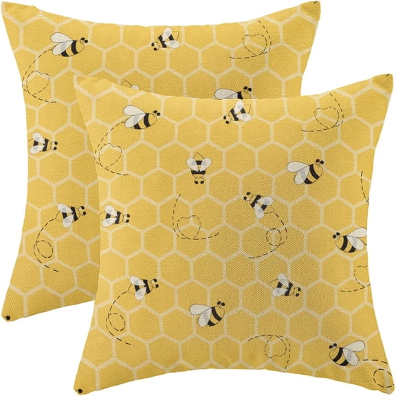 Outdoor Pillow Covers 18x18 Set of 2, Bee Kind Decorative Summer Throw Pillow Covers Linen Yellow Farmhouse Cushion Pillow Covers for Sofa Couch Outdoor Decor