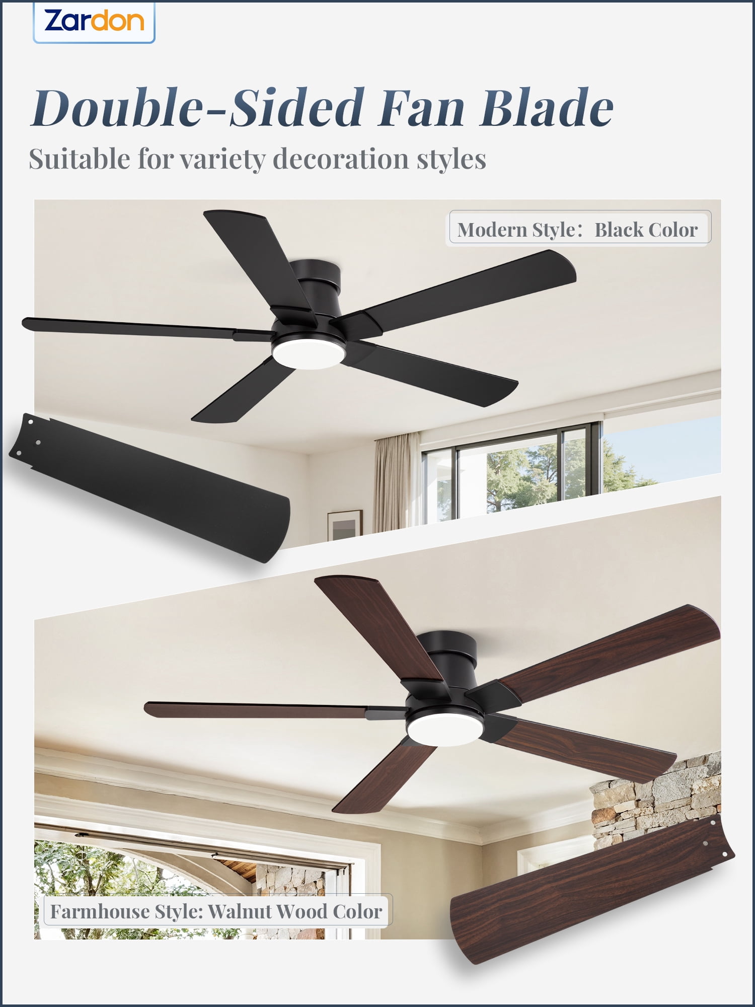 Zardon Ceiling Fans with Lights and Remote, 52in Low Profile Flush Mount Ceiling Fan with 6 Reversible Speeds for Bedroom Indoor, Black