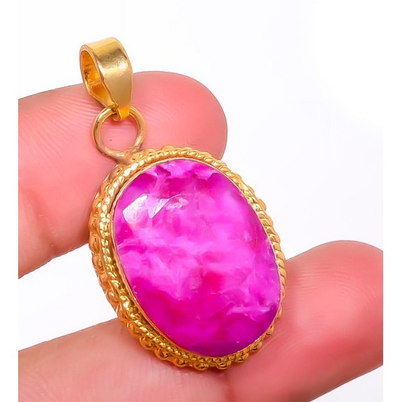 Ruby (Simulated) Silver Gold Plated Pendant 1.56" P7622-313, Christmas Gift, Gemstone Silver Jewelry, Ruby Pendant, New Year Sale