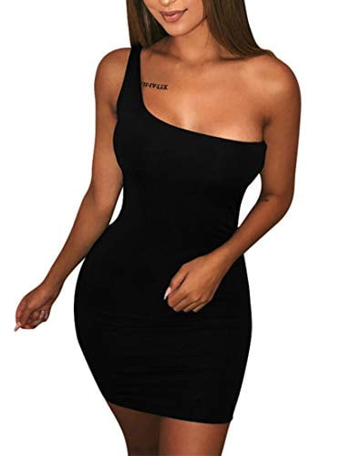 BORIFLORS Women's Casual Basic One Shoulder Tank Top Bodycon Mini Club Dress,Medium,Black  - Walmart.com