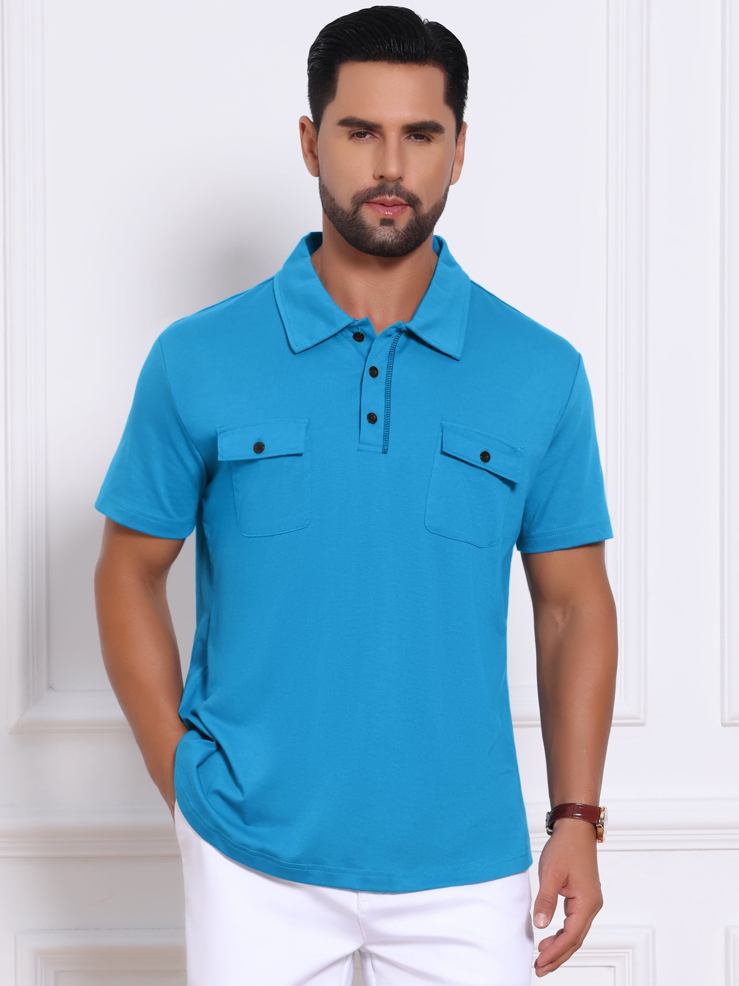DARING DIVA Men's Collared Short Sleeve Double Chest Pockets Polo Shirt XL Blue