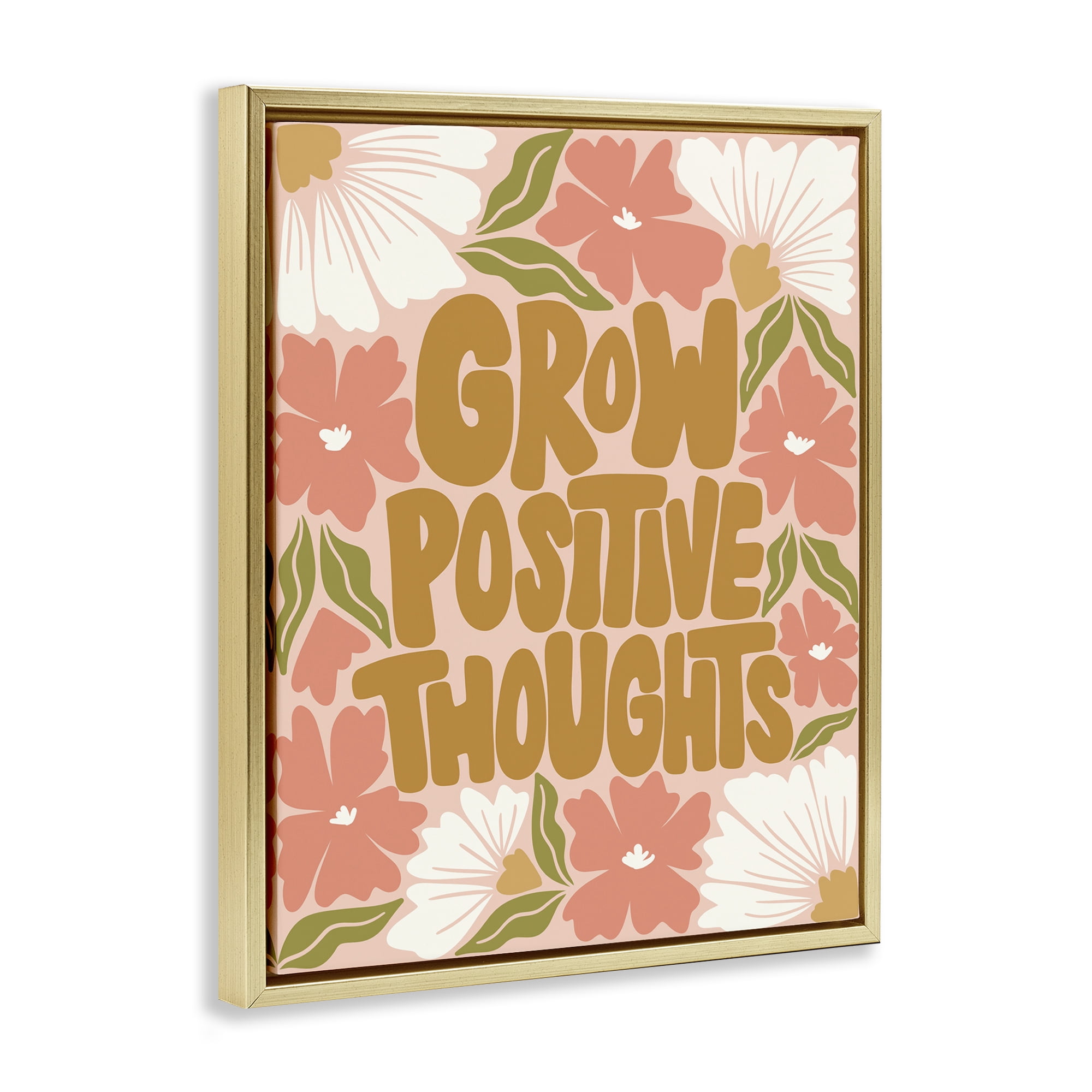 Stupell Industries Grow Positive Thoughts Plants & Flowers Painting Gold Floater Framed Canvas Art Print Wall Art, 25 x 31