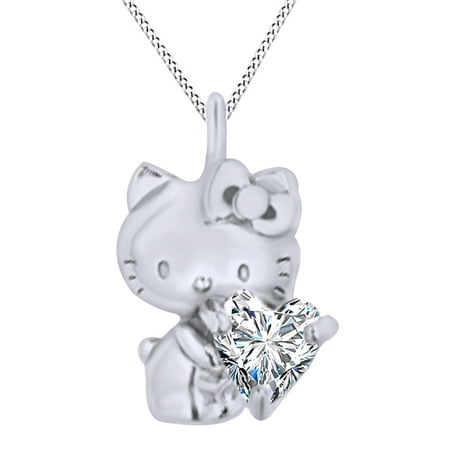 Heart Cut Cubic Zirconia Hello Kitty Charm Pendant Necklace In 14K White Gold Over Sterling Silver