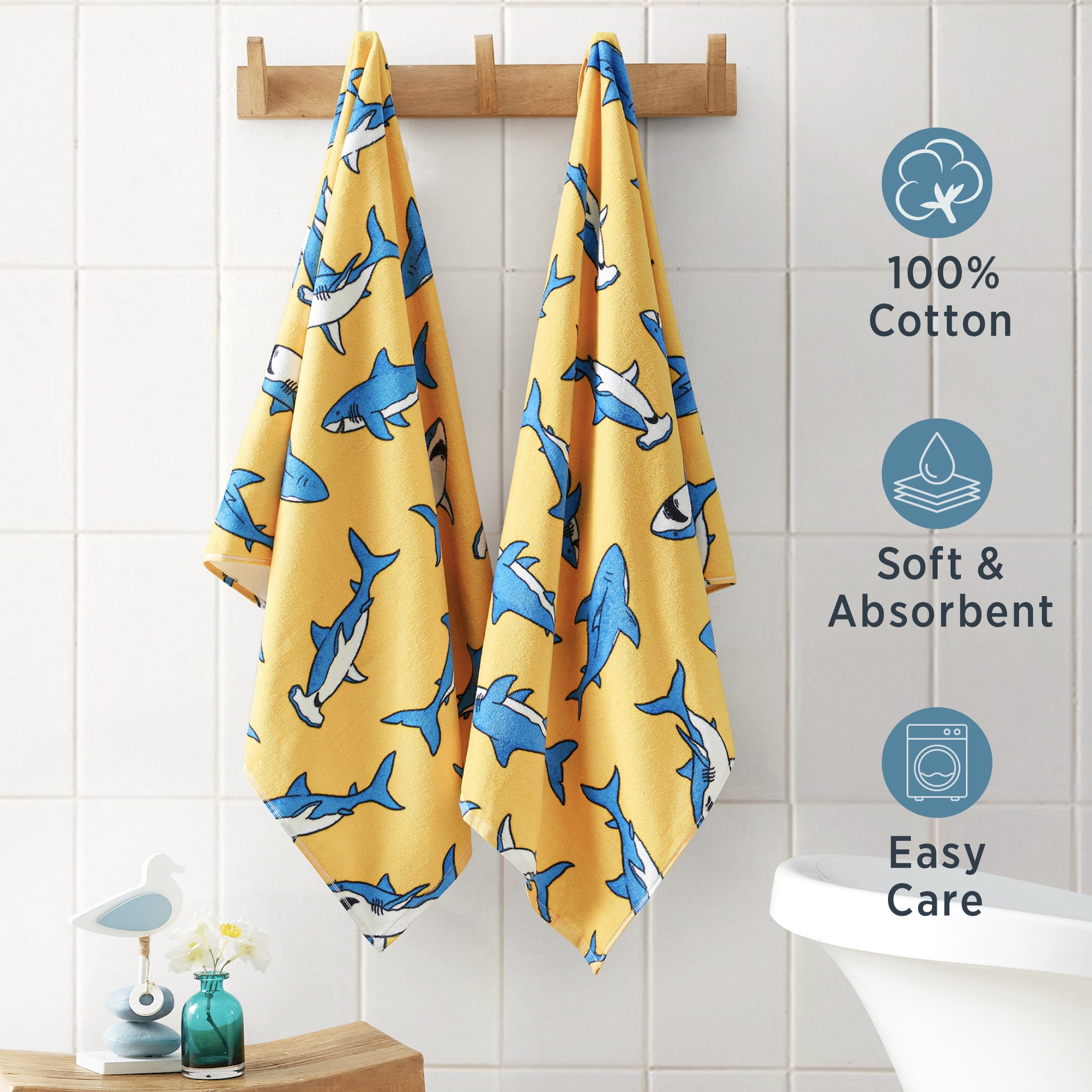 Welhome Kids Towel Set, 2 Piece 100% Cotton Pool Party Towels, 380 GSM, Absorbent Bath Towels For Everyday Use, Sharks Printed Bathroom Towels