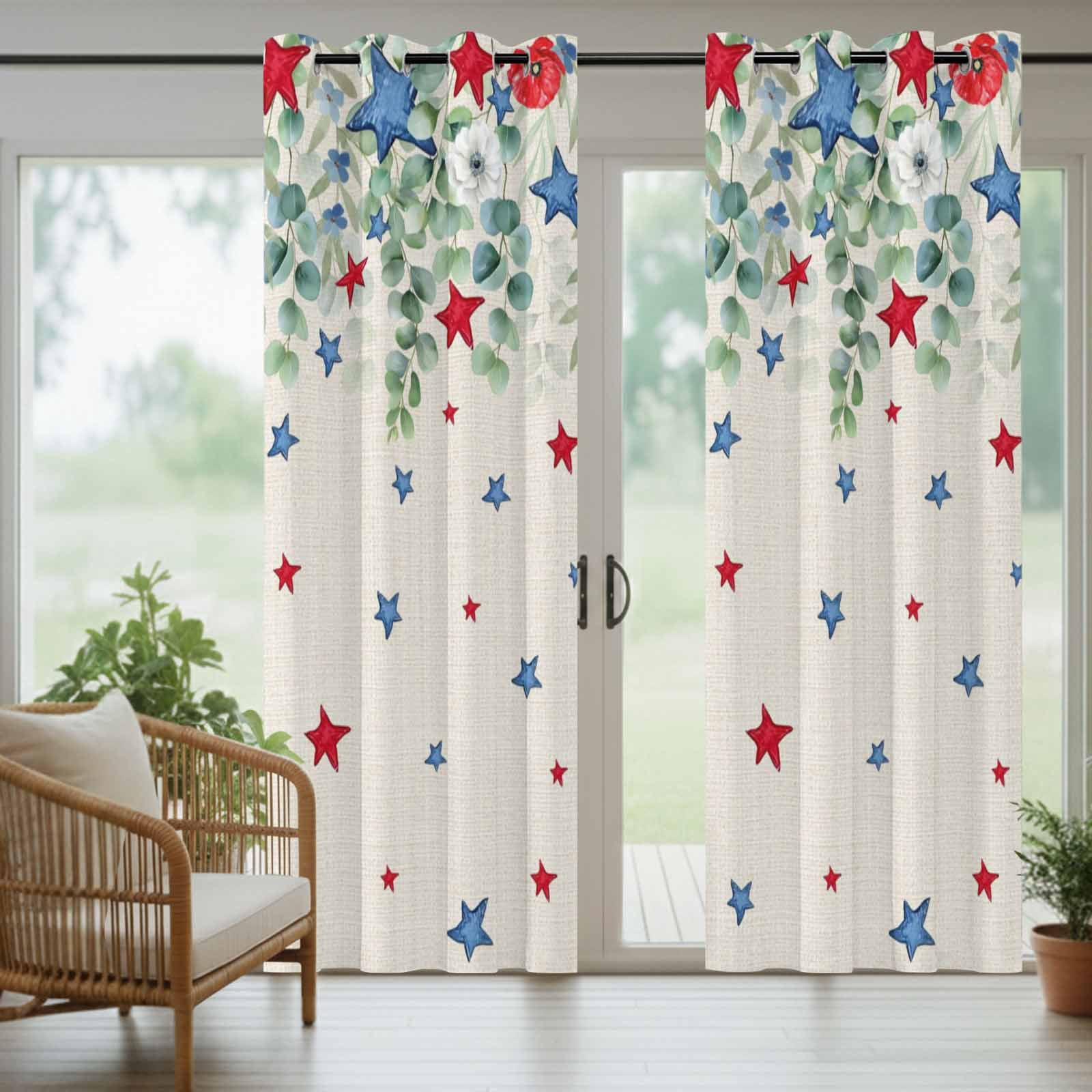 Independence Day Star Outdoor Curtains for Patio, Country Farmhouse Red Blue Star Leaf Flower Linen Sunshade Privacy Drapes Grommet Waterproof Outside Curtains for Porch Balcony 54"x95", 2 Panel