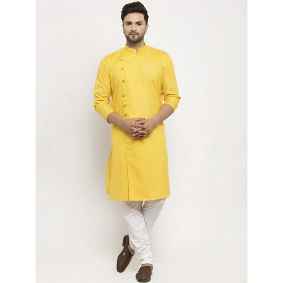 eloria Men's Yellow Solid Angrakha Thread Work Kurta With Churidar Pyjama