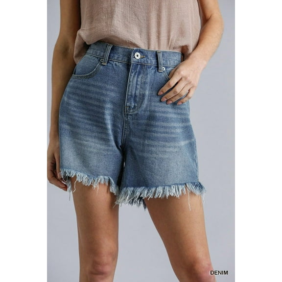 High Rise Denim Shorts With Raw Hem
