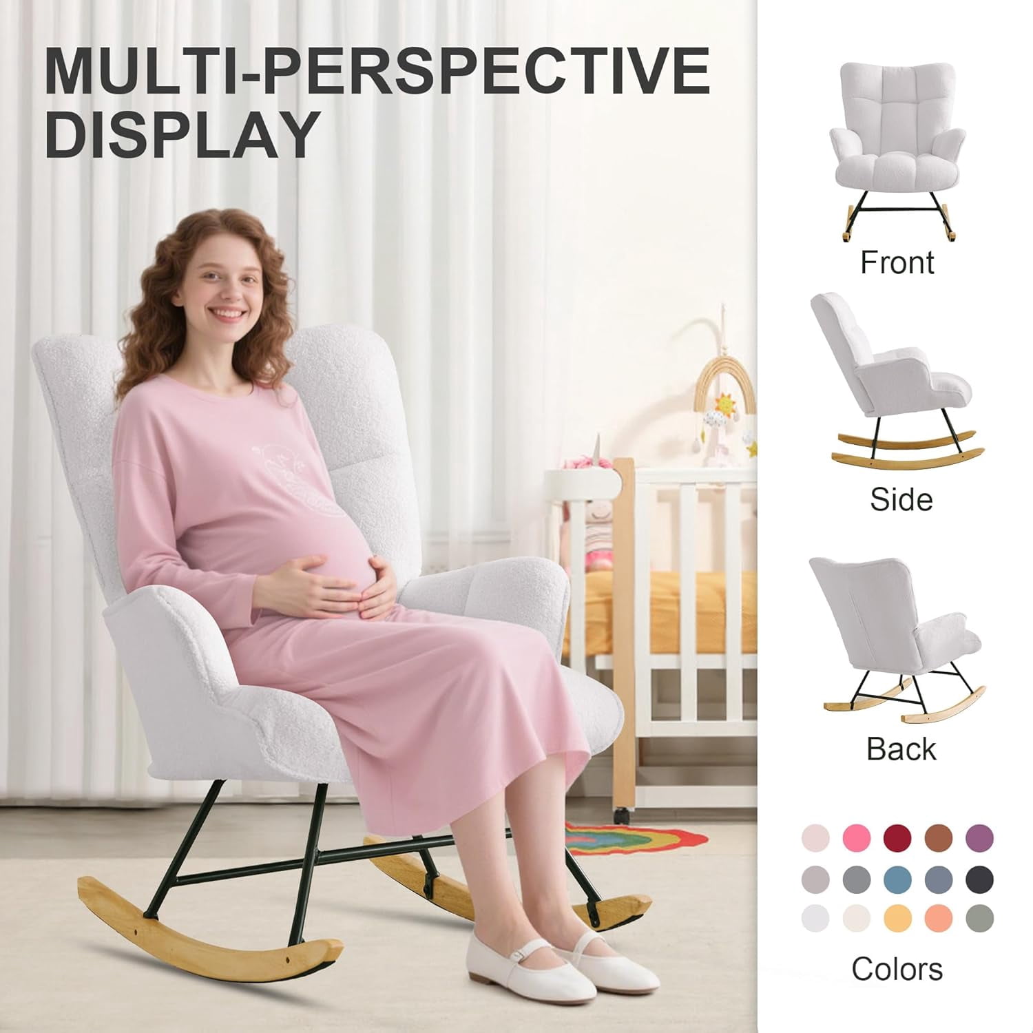 QuzyAor Teddy Fabric Nursery Glider Rocking Chair,Soft Upholstered Chair with Optional Footrest & Headrest for Baby Nursery Living Room,Ivory