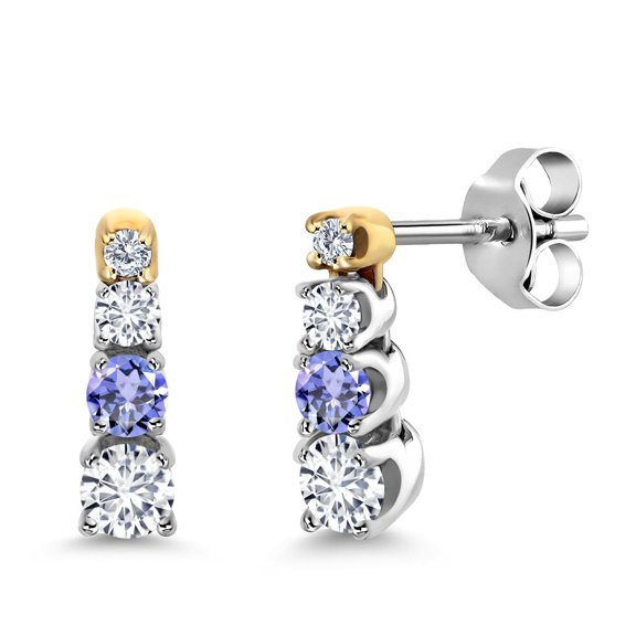 Gem Stone King 0.44 Ct E-F Lab Grown Diamond Blue Tanzanite and Created Moissanite 925 Silver and 10K Yellow Gold Earrings