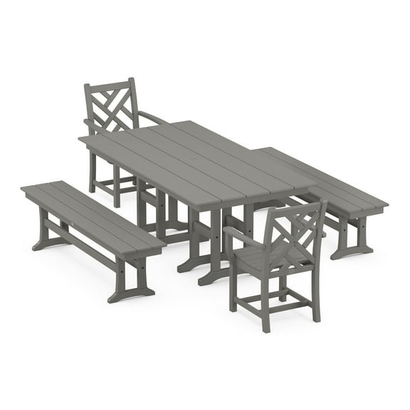 POLYWOOD Chippendale 5-Piece Farmhouse Dining Set with Benches in Slate Grey