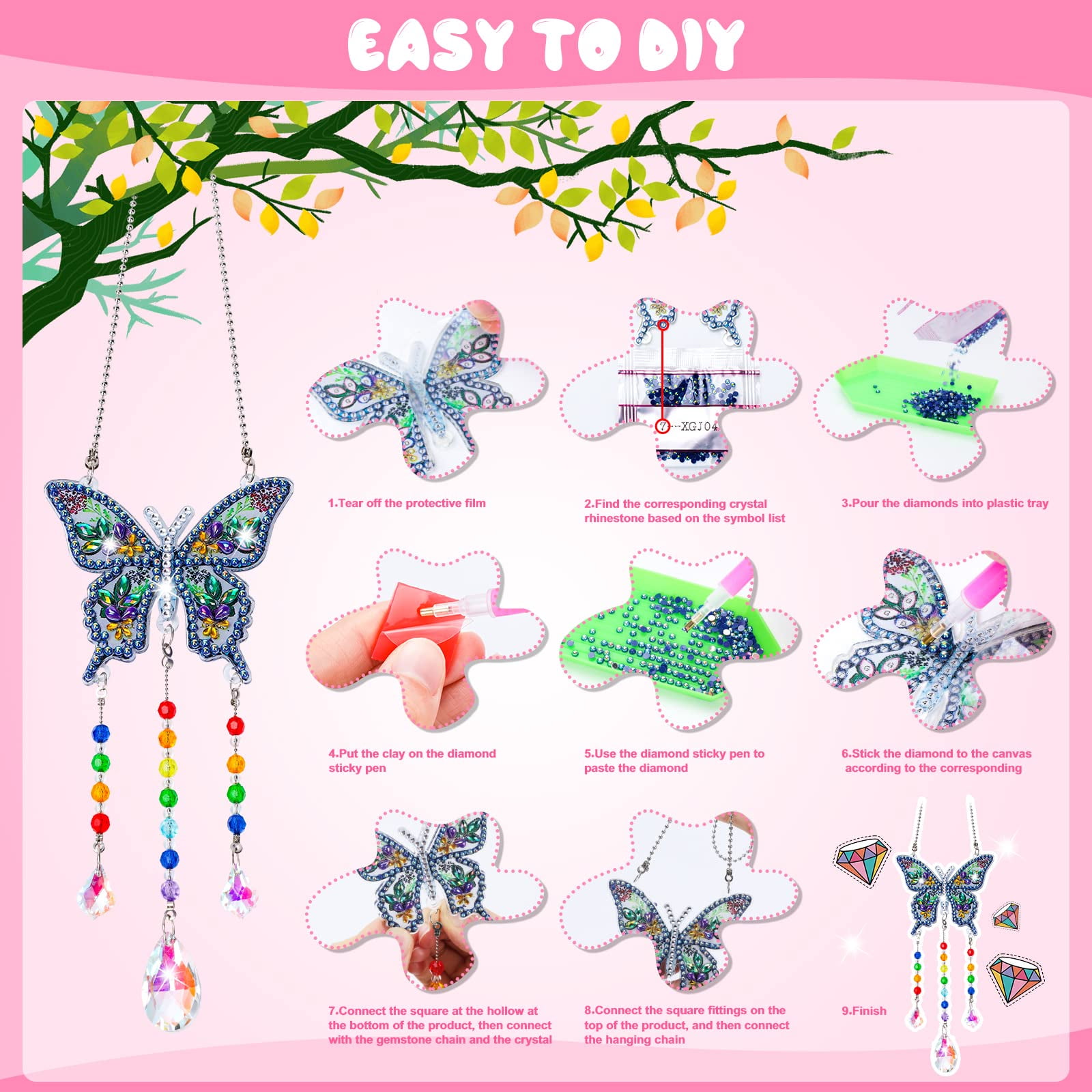 DIY Creative Diamond Painting Gift Kit for Girls Aged 6-12, 3Pcs Diamond Painting Suncatcher Wind Chimes Hanging Ornament for Garden Window and Balcony, Butterfly Sun Hummingbird