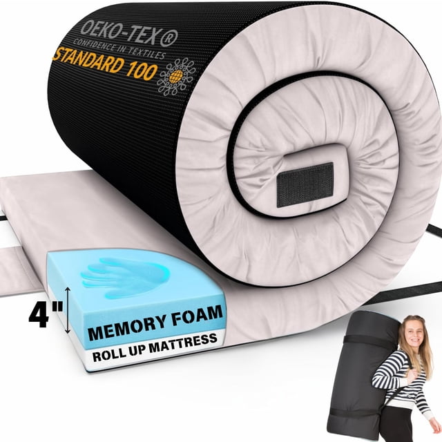 Matrix Cell Colchón de espuma viscoelástica para camping – Colchón enrollable CertiPUR-US – Alfombrilla plegable para el suelo del coche para adultos – Colchoneta para dormir para cama de invitados –