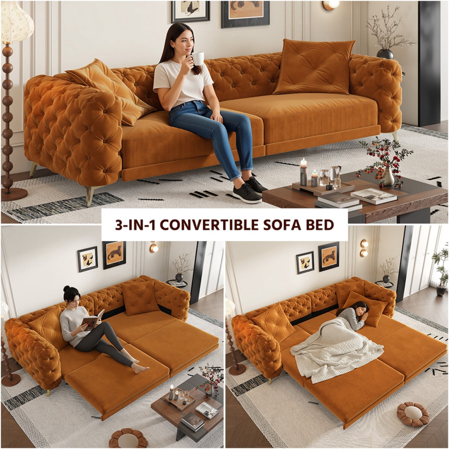avobird 97" Overside Convertible Sofa, 3 in 1 Pull Out Sleeper Sofa Bed with Movable Ottoman, Button Tufted Modern Sofa for Living Room, Orange