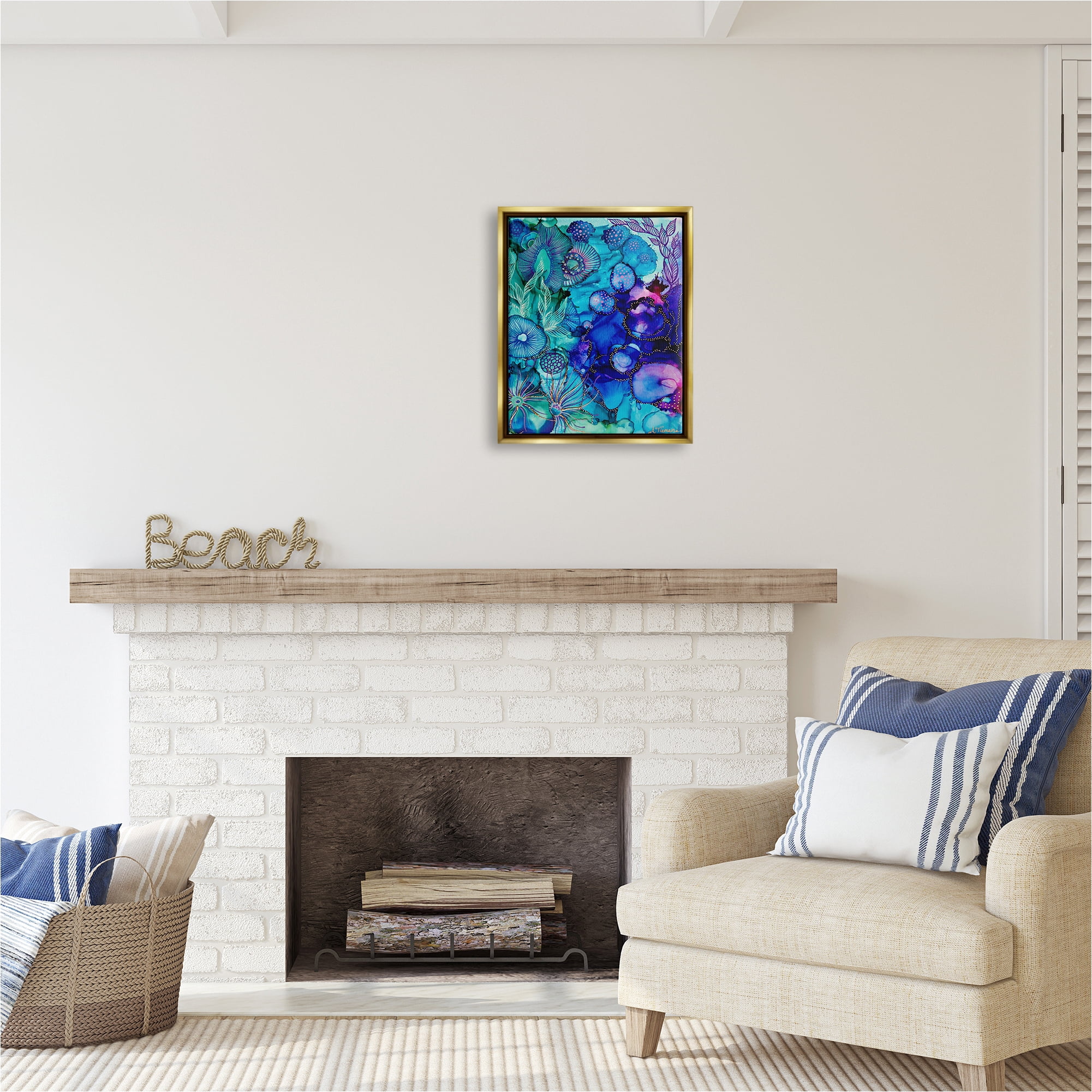 Stupell Industries Blue Modern Sea Life Abstract Painting Gold Floater Framed Canvas Art Print Wall Art, 17 x 21
