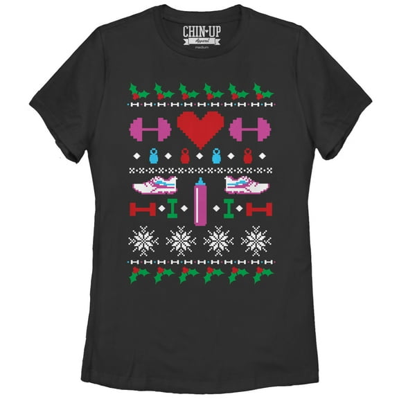 Women's CHIN UP Ugly Christmas Workout  Graphic Tee Black Small
