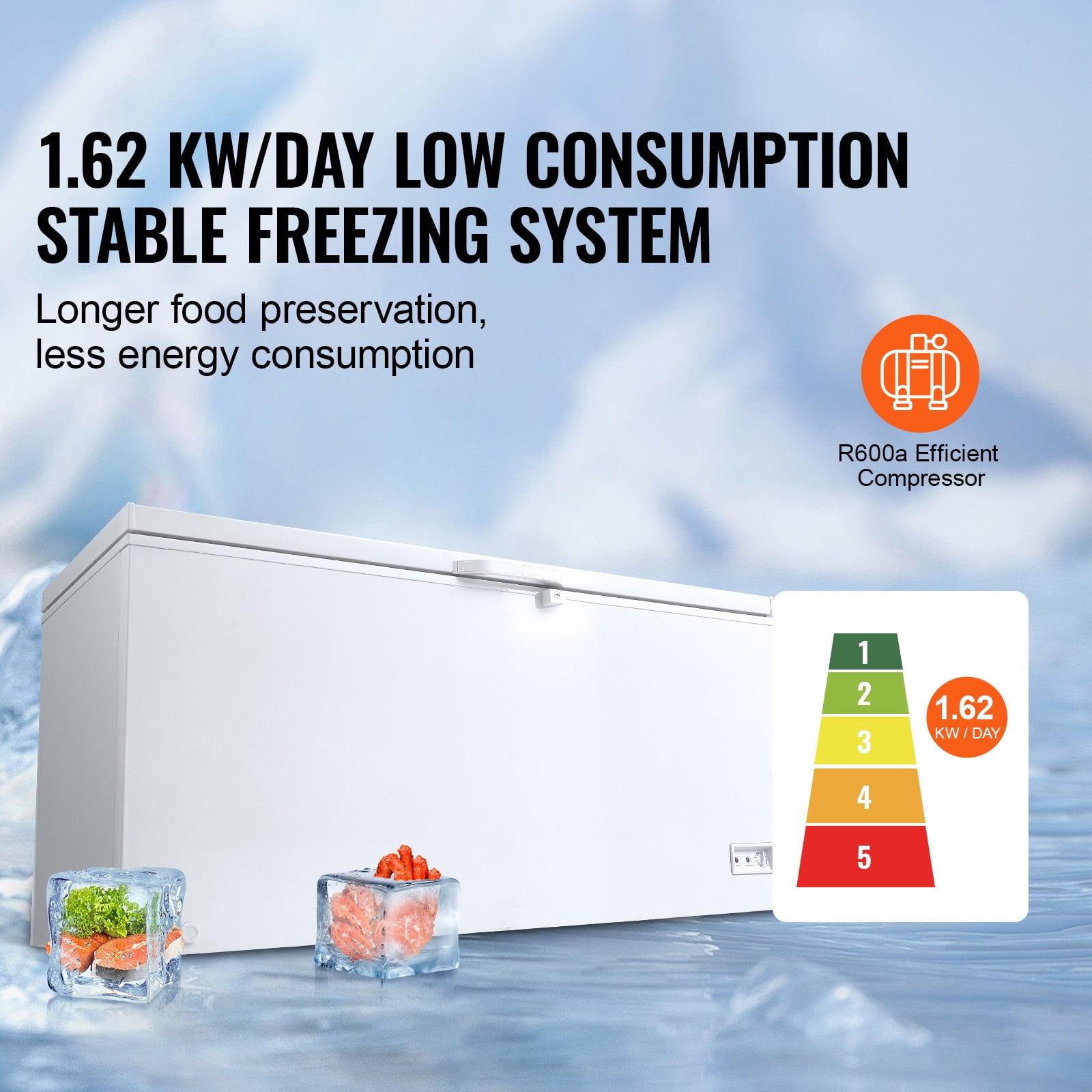 KFFKFF Upright Freezer, 17.2 Cu.ft / 488 L Spacious Deep Freezer & 4 Detachable Baskets, Independent Top Opening Door , 7-Level Temperature Modification, LED Illumination, 6 Casters