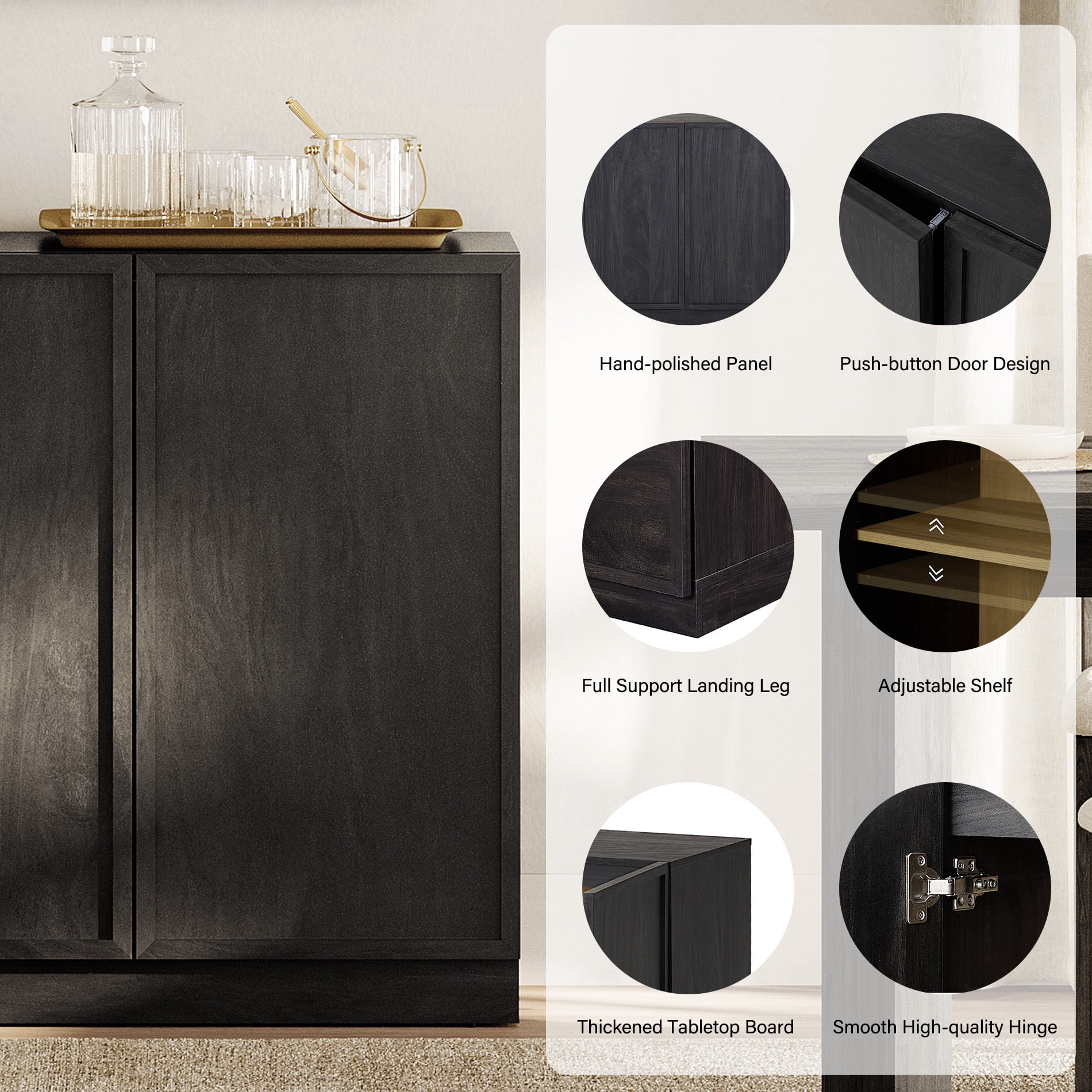Modern Wood Sideboard Buffet with Doors & Adjustable Shelves, 72" Tall Storage Cabinet for Dining Room Kitchen,Black