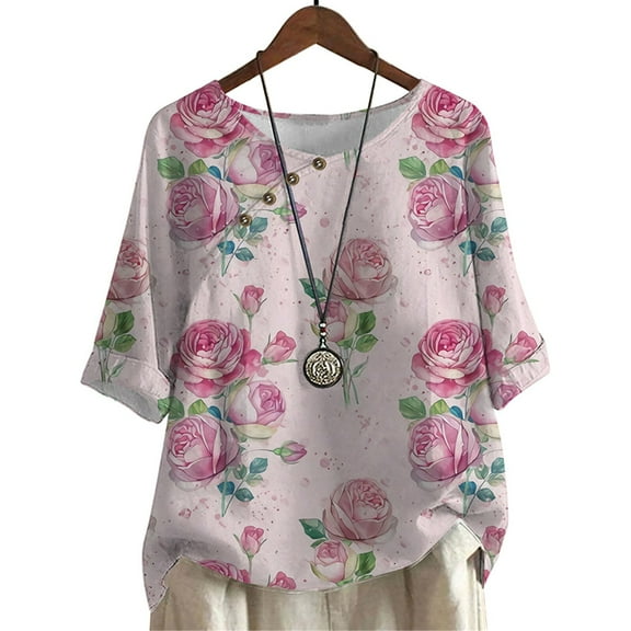 CLOOCL Women Blouse Pink Rose Printed Plus Size Shirts Mid Sleeve Summer Clothing