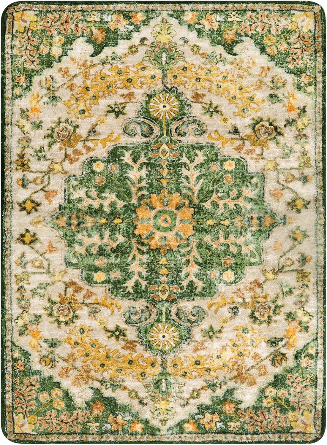 Wonnitar 4'x6' Bohemian Floral Medallion Area Rug,Oriental Distressed Bedroom Rug Country Vintage Faux Wool Indoor Throw Mat Non-Slip Washable Low-Pile Carpet for Bathroom Living Kitchen Laundry Room