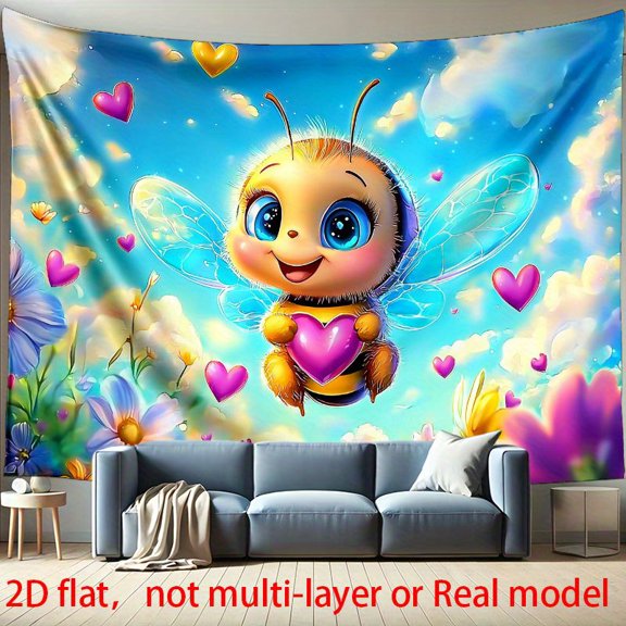 One vibrant tapestry featuring a bee and heart theme, made of polyester material; easy to hang and suitable for decoration in dormitories, bedrooms, parties, and outdoor spaces.