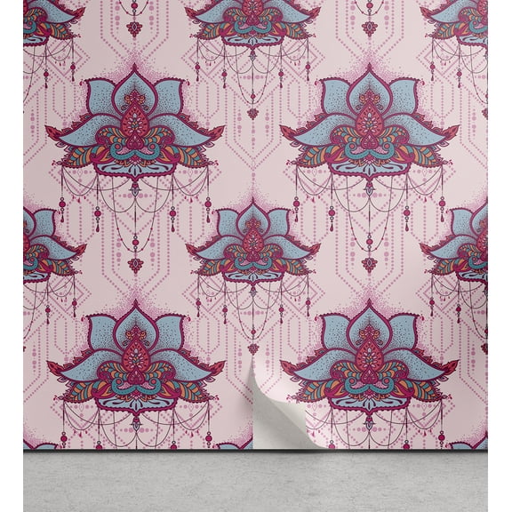Ambesonne Boho Peel & Stick Wallpaper for Home, Paisley Leaves Folk Art, 13"x72", Rose Magenta and Pale Pink