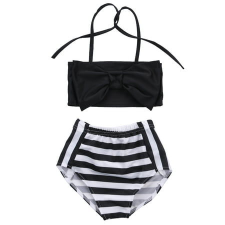 

Sunisery Newborn Baby Girls Summer Swimwear Two-pieces Striped High Waist Bathing Suit Beachwear Swimsuit Black 3-4 Years