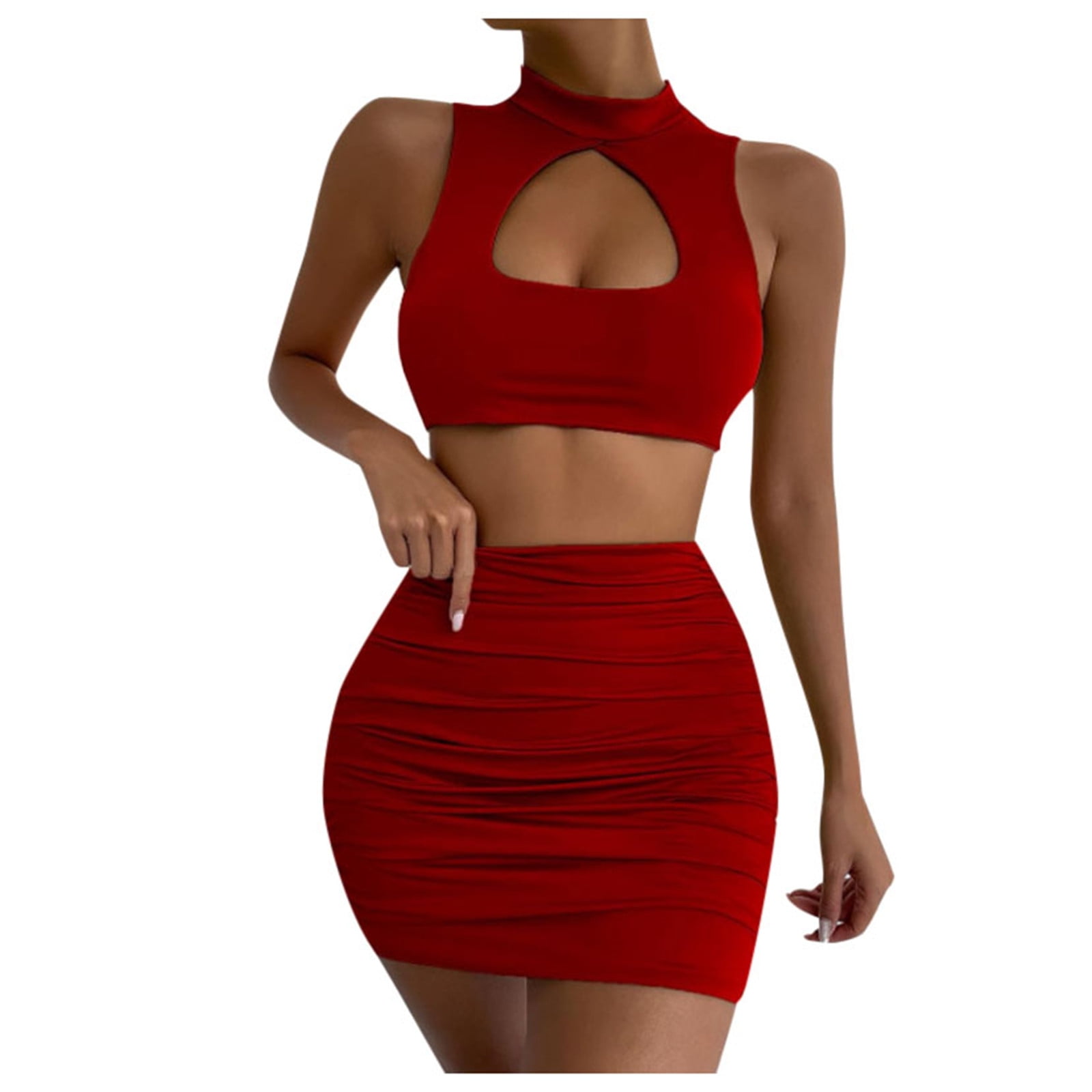 Women's Hollow Out Sexy Crop Top and Skirt Set Fashion Tight