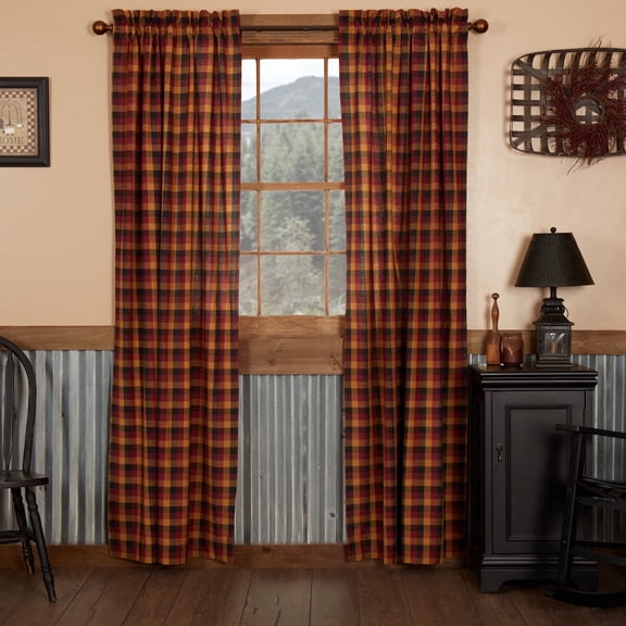 VHC Brands Heritage Farms Window Curtains, Primitive Check Panel Set of 2, Red, 84x40
