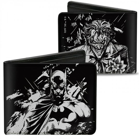 DC Comics Wallet, Bifold, Batman the Dark Knight and Joker Smiling Sketch Poses Black, Vegan Leather