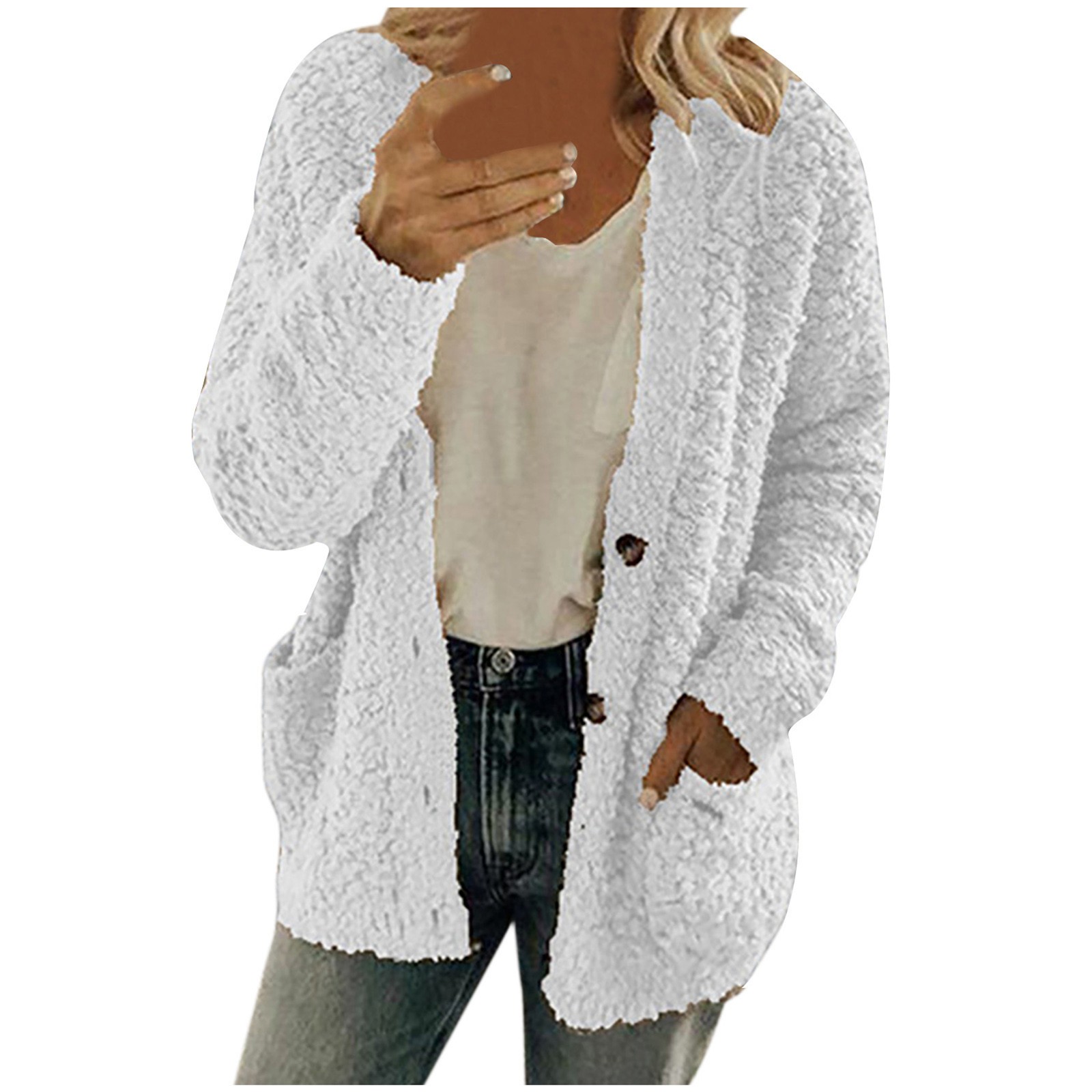 HAPIMO Sales Fuzzy Sweaters for Women Long Sleeve Open Front Solid Color  Casual Plush Button Outwear with Pocket Womens Fall Fashion Clothes White  XXXXXL