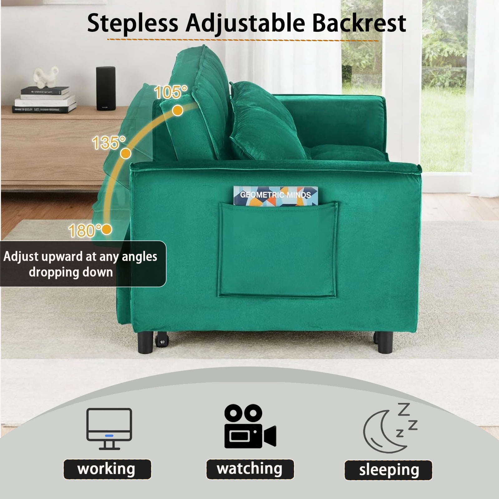 EPOWP 3 in 1 Folding Convertible Sofa Bed,55'' Pull Out Couch Bed with Side Pocket,Velvet Fabric Loveseat Sleeper Sofa with Adjustable Backrest,Easy Assembly,Perfect for Living Room,Green